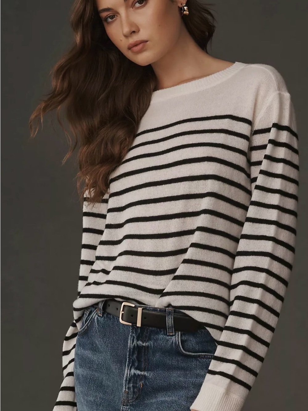 Reformation Cashmere Boyfriend Striped Crewneck Sweater - White/Navy M